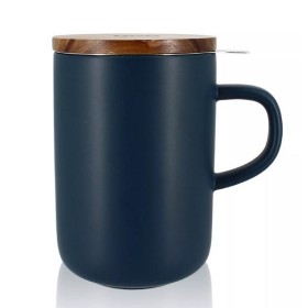 Tisanière Bleue nuit en grès de 450 ml, couvercle bois d'acacia