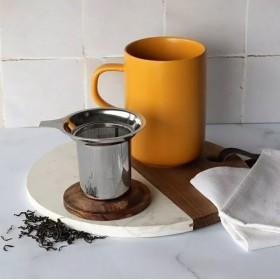 Tisanière Jaune en grès de 450 ml, couvercle bois d'acacia