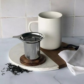 Tisanière Blanche en grès de 450 ml, couvercle bois d'acacia