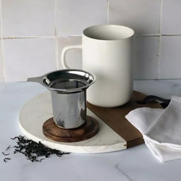 Tisanière Blanche en grès de 450 ml, couvercle bois d'acacia