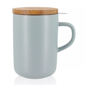 Tisanière Bleue claire en grès de 450 ml, couvercle bois d'acacia