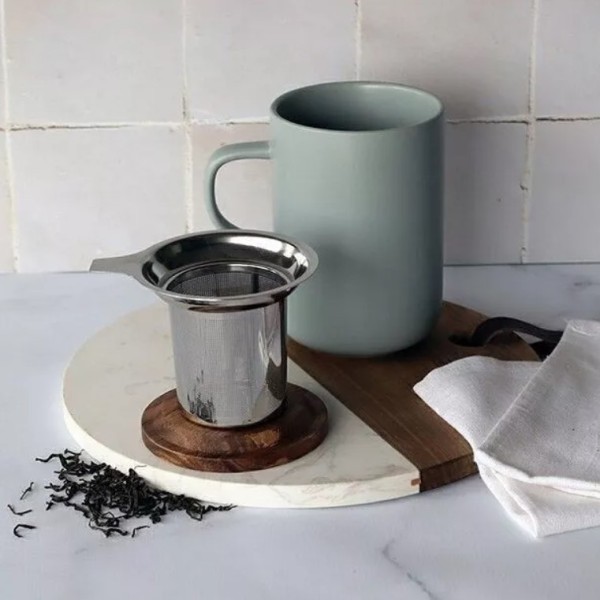 Tisanière Bleue claire en grès de 450 ml, couvercle bois d'acacia