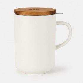 Tasse à thé blanche en grès 450 ml avec filtre inox et couvercle bois