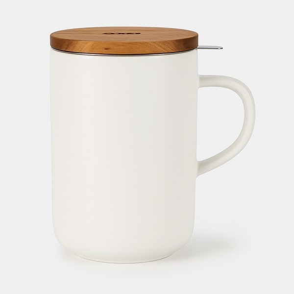 Tasse à thé blanche en grès 450 ml avec filtre inox et couvercle bois