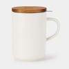 Tasse à thé blanche en grès 450 ml avec filtre inox et couvercle bois