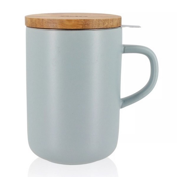 Tasse à thé en grès bleu clair avec filtre inox et couvercle en bois – 450 ml