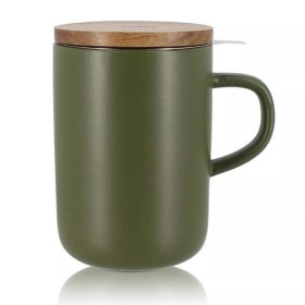 Tasse en grès kaki 450 ml avec filtre inox et couvercle acacia