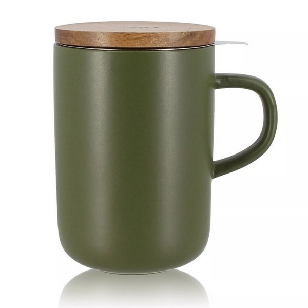 Tasse en grès kaki 450 ml avec filtre inox et couvercle acacia