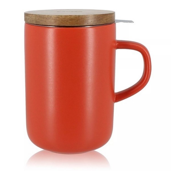 Tasse en grès rouge 450 ml avec filtre inox et couvercle bois