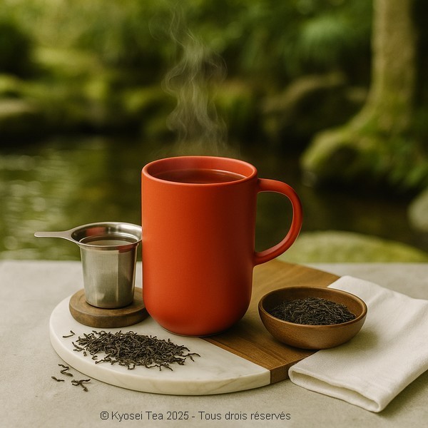 Tasse rouge Kyosei tea présentée en situation avec infuseur