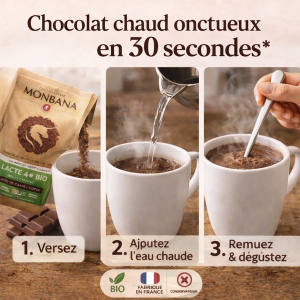 Préparation de la dosette de chocolat lacté bio Monbana - Kyosei Tea