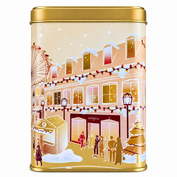 Vu de coté droit de la boîte de chocolat de Noël dorée 250 gr - Kyosei Tea