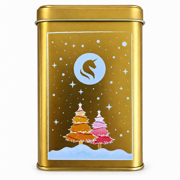 Vu de coté gauche de la boîte de chocolat de Noël dorée 250 gr - Kyosei Tea