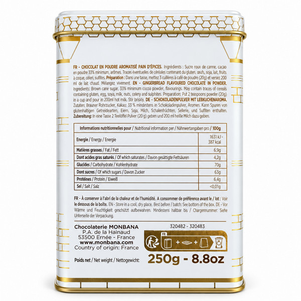 Face arrière de la boîte de chocolat de Noël blanche 250 gr - Kyosei Tea