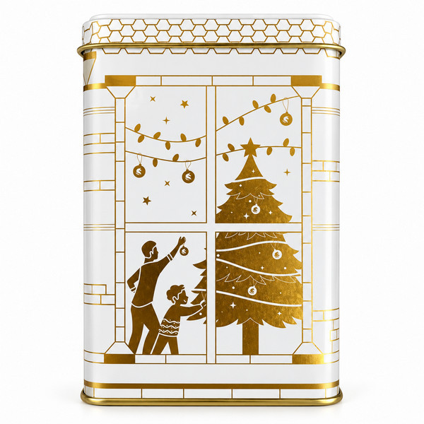 Vu de coté droit de la boîte de chocolat de Noël blanche 250 gr - Kyosei Tea