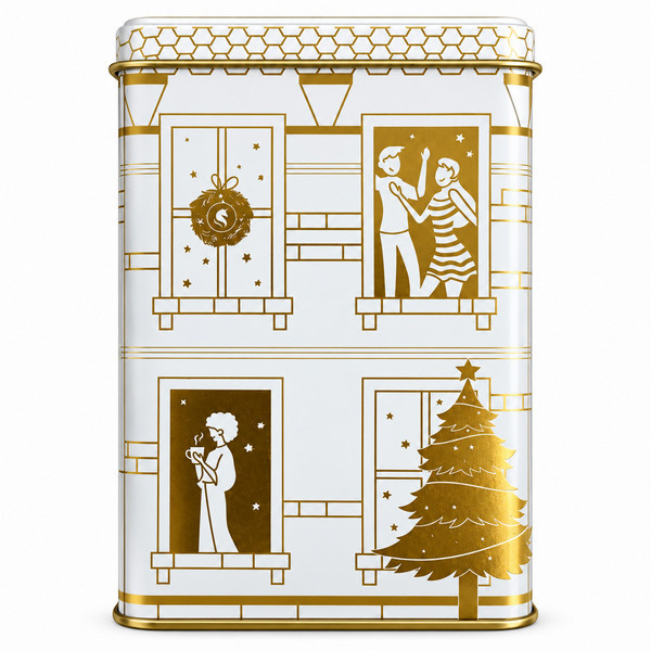 Vu de coté gauche de la boîte de chocolat de Noël blanche 250 gr - Kyosei Tea