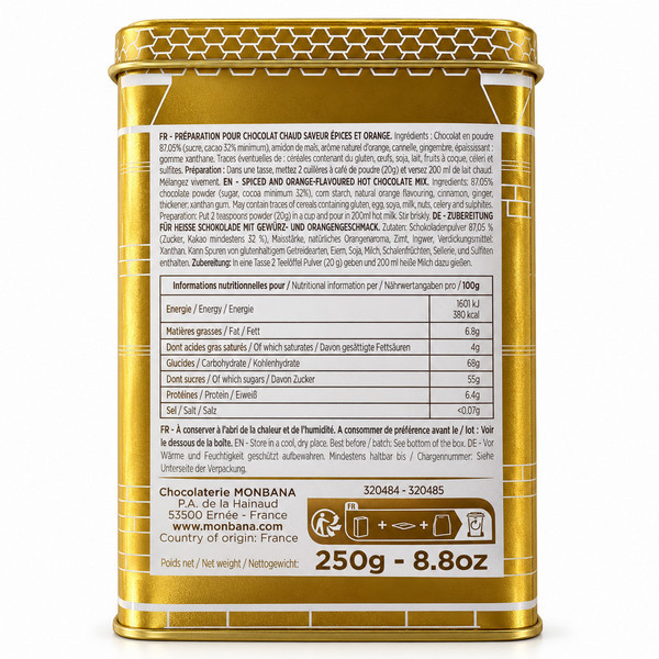 Face arrière de la boîte de chocolat orange épices de Noël 250 gr - Kyosei Tea
